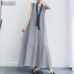 Summer Dress Casual Sleeveless Maxi Vestidos Female Tiered Oversized O Neck Dress