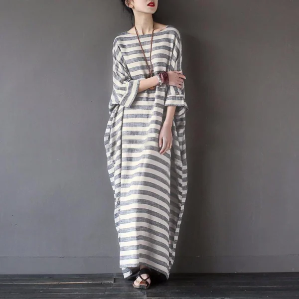 Women Cotton Linen Striped Maxi Dress Loose Boho Summer Wear - Image 3
