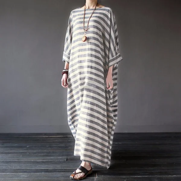Women Cotton Linen Striped Maxi Dress Loose Boho Summer Wear - Image 4