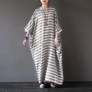 Women Cotton Linen Striped Maxi Dress Loose Boho Summer Wear