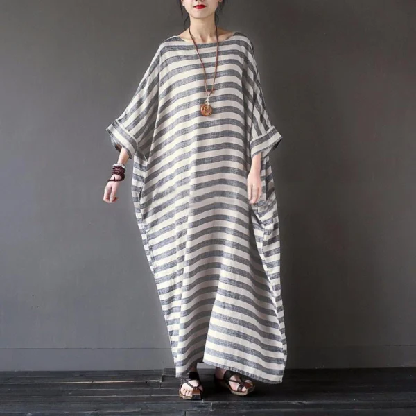 Women Cotton Linen Striped Maxi Dress Loose Boho Summer Wear