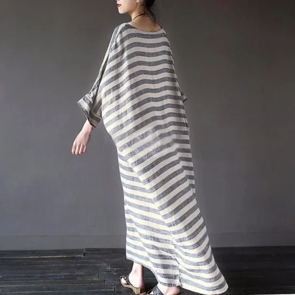 Women Cotton Linen Striped Maxi Dress Loose Boho Summer Wear - Image 2