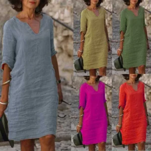 Vintage Women Solid Mini Dress Summer Fashion V Neck Casual Short Sleeve Dress