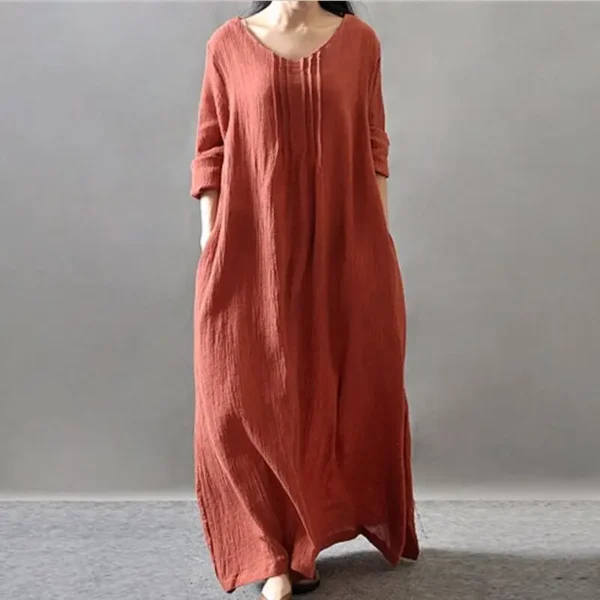 Autumn Cotton Linen Vintage Maxi Shirt Dress For Women Casual Wear - Image 4