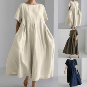 Summer Cotton Linen Maxi Dress Women Loose Casual Swing Dress