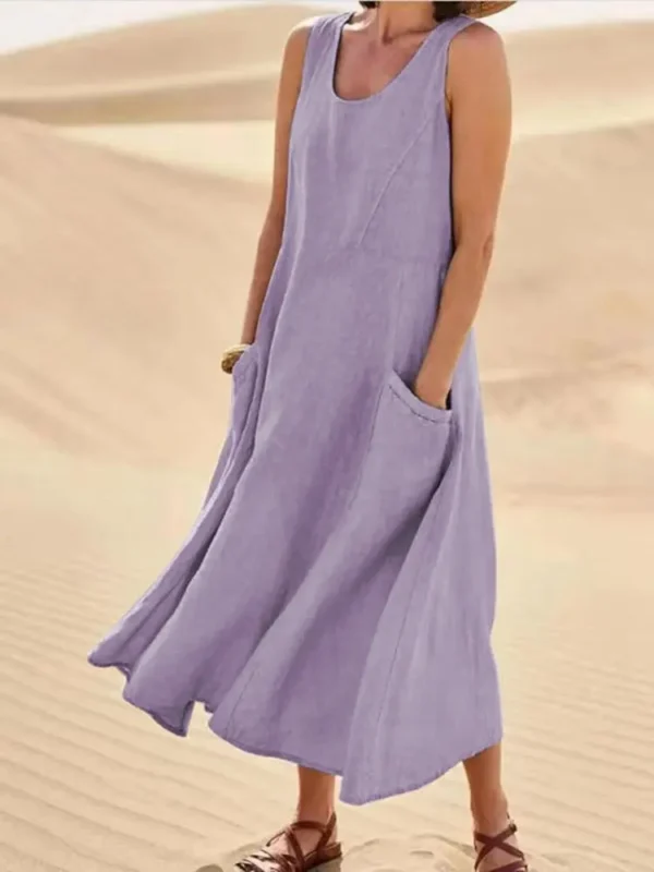 Women Cotton Linen Sundress Summer Sleeveless Loose Pocket Long Dress - Image 4