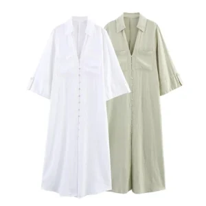 Women Summer Shirts Dress Vintage Linen V Neck 3/4 Sleeve Loose Midi Dress