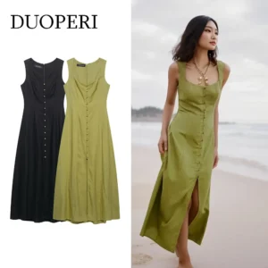 Linen Back Zipper Summer Dress Women Square Collar Sleeveless Elegant Long Dress