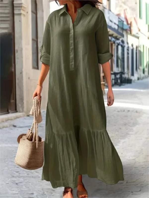 Cotton Linen Long Sleeve Dress Women Casual Loose Ruffle Shirt Style - Image 5