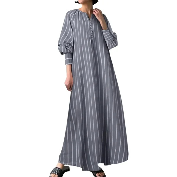 Plus Size Cotton Linen Striped Maxi Dress Women Casual Autumn Wear - Image 3