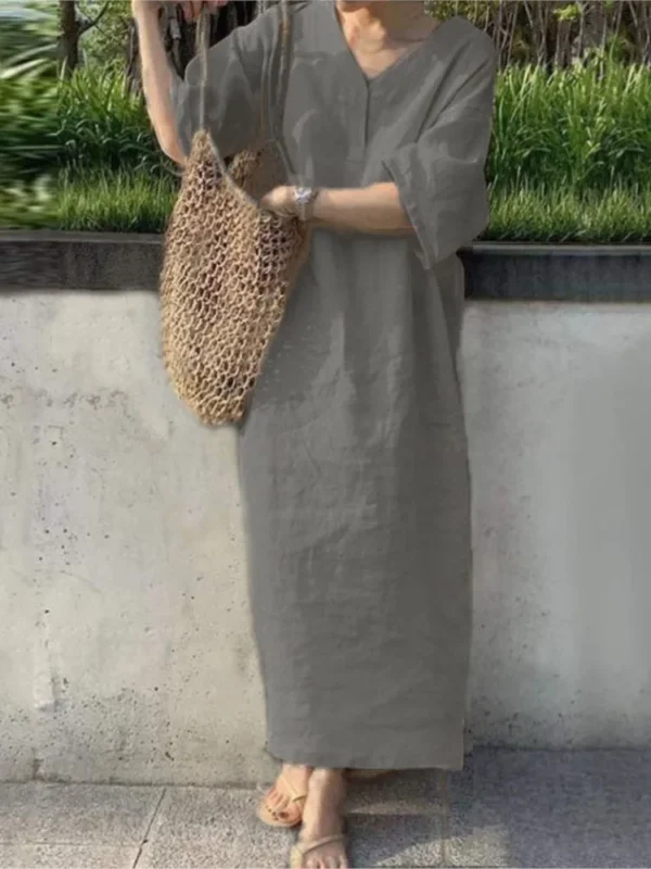 Women V Neck Cotton Linen Maxi Dress Short Sleeve Casual Beachwear - Image 4