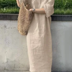 Women V Neck Cotton Linen Maxi Dress Short Sleeve Casual Beachwear