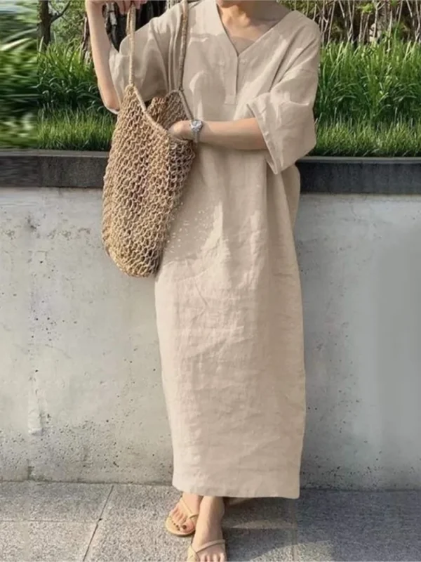 Women V Neck Cotton Linen Maxi Dress Short Sleeve Casual Beachwear