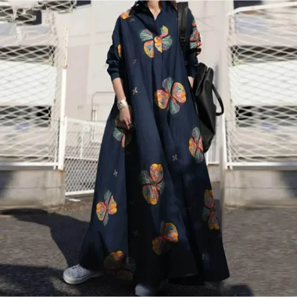 Muslim Women's Vintage Printed Cotton Linen Dress Autumn Fashion - Image 4