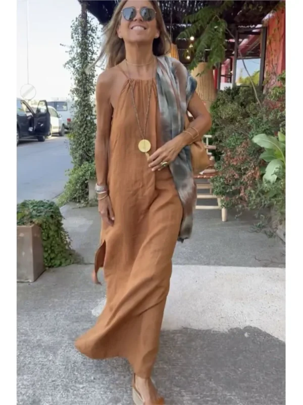 Women Halter Cotton Linen Maxi Dress Sleeveless Summer Party - Image 2