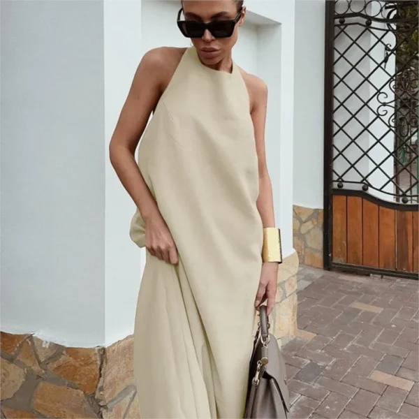 French Cotton Linen Halter Neck Long Skirt Dress For Summer Vacation Wear - Image 2