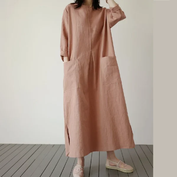 Women Cotton Linen Loose Long Dress With Pockets Summer Wear - Image 5
