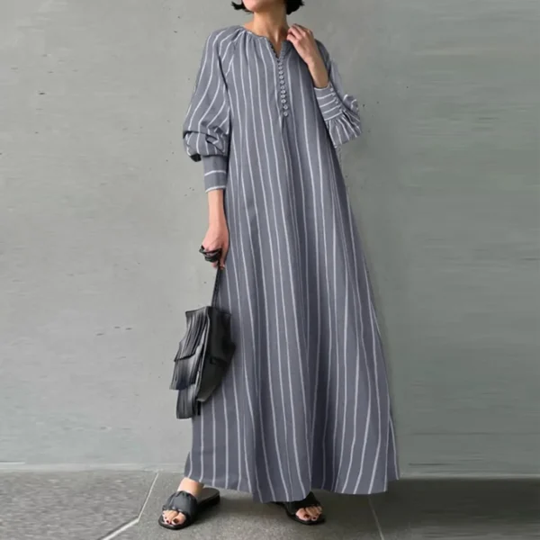 Plus Size Cotton Linen Striped Maxi Dress Women Casual Autumn Wear - Image 2