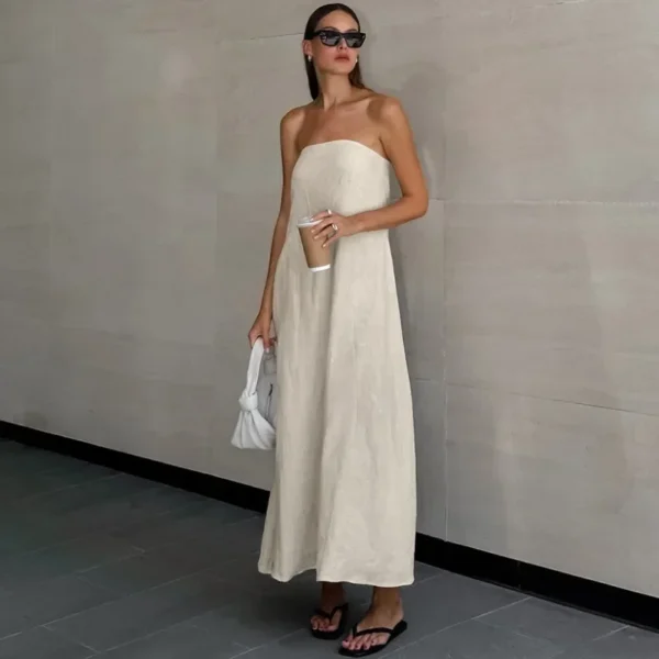 French Khaki Strapless Cotton Linen Dress Women High Waist Holiday - Image 3