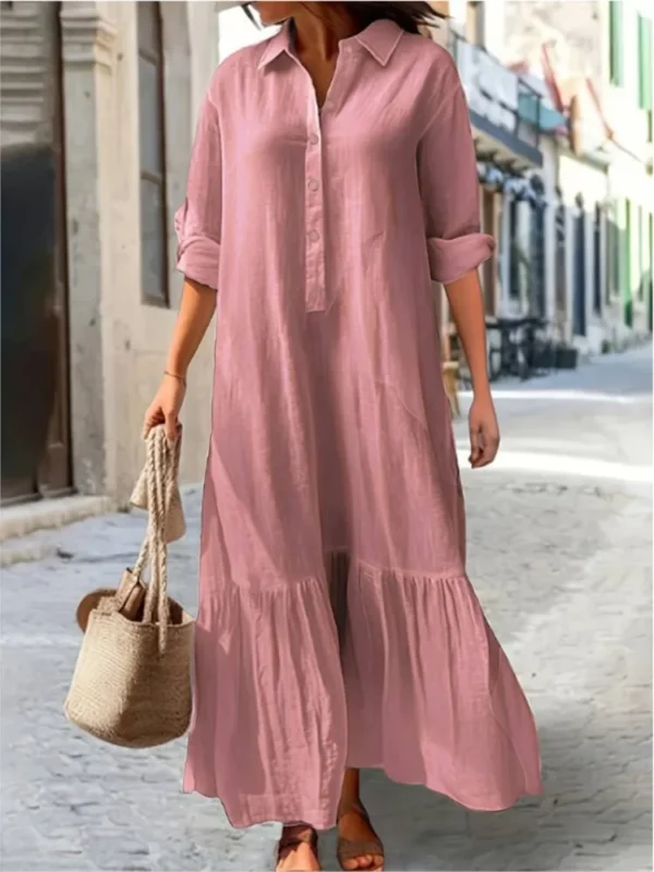 Cotton Linen Long Sleeve Dress Women Casual Loose Ruffle Shirt Style - Image 4