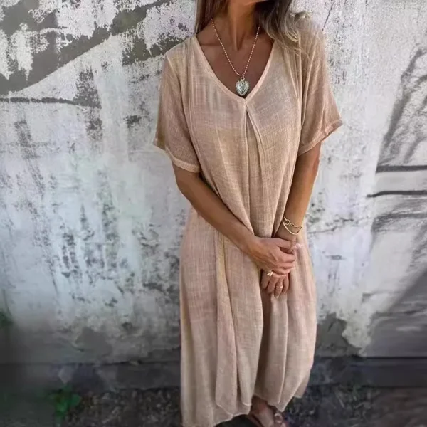 Sexy V Neck Cotton Linen Maxi Dress Loose Summer Homewear Outfit Style - Image 3