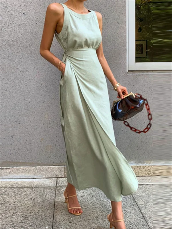 Summer Cotton Linen Sleeveless Maxi Dress Women Vintage Lace Up - Image 2