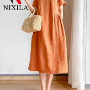 Oversize Solid Midi Dresses for Women Spring Summer Casual Loose A-Line Dress