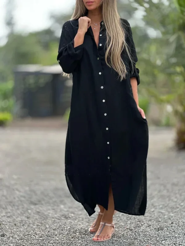 Cotton Linen Cardigan Dress Women Lapel Long Sleeve Pockets - Image 5