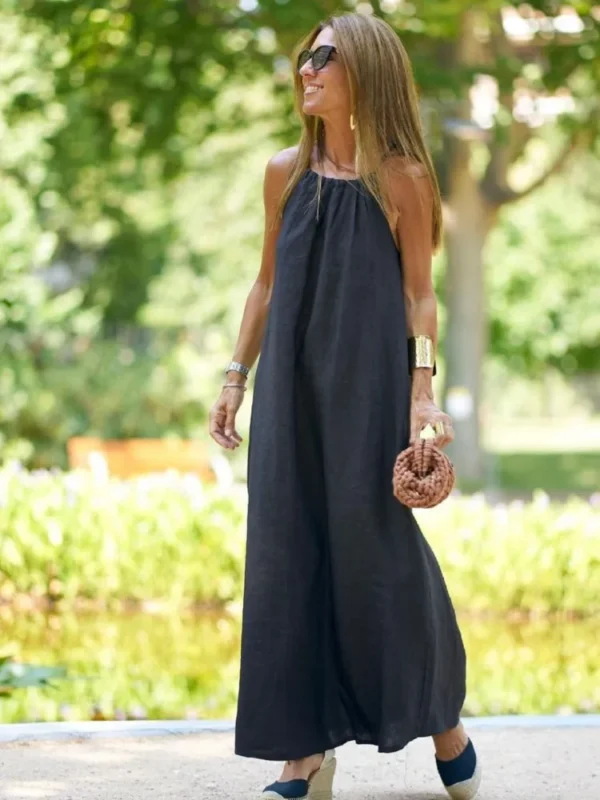 Women Halter Cotton Linen Maxi Dress Sleeveless Summer Party - Image 4