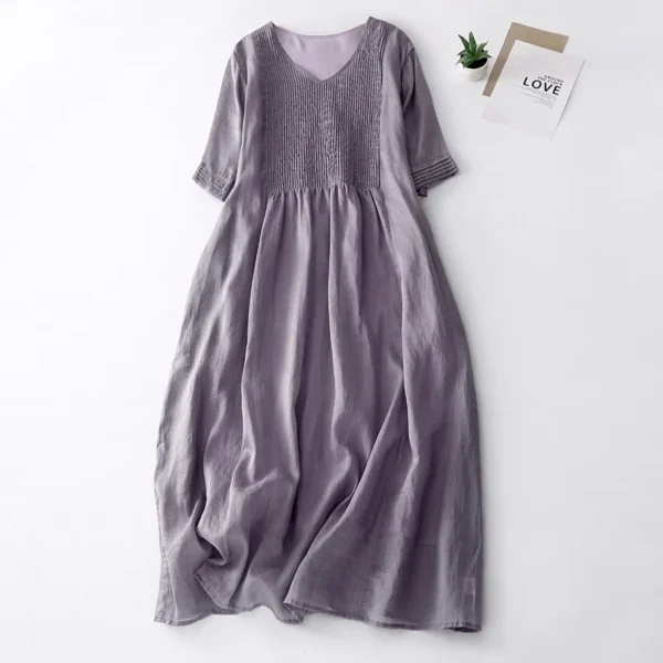 1940s Linen Pleated Long Dress For Women Retro Slim V-Neck Style - Image 3