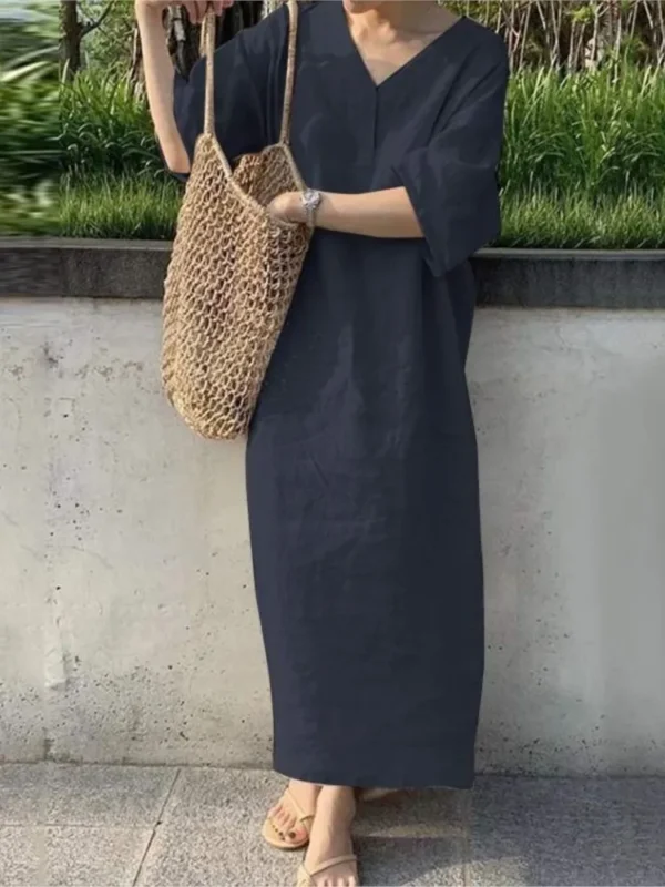 Women V Neck Cotton Linen Maxi Dress Short Sleeve Casual Beachwear - Image 5