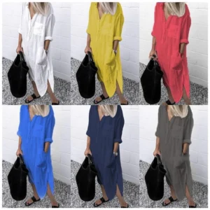 Cotton Linen Long Sleeve Shirt Dress Women Oversized Casual Skirt