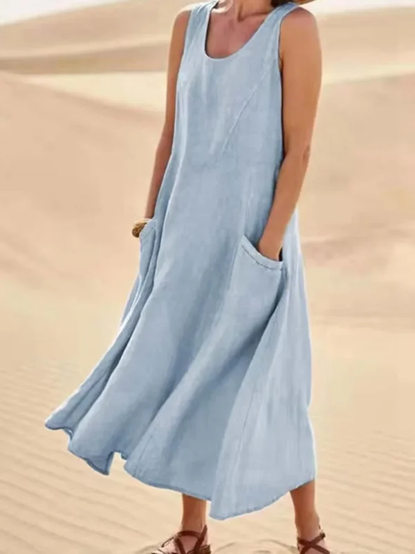 Women Cotton Linen Sundress Summer Sleeveless Loose Pocket Long Dress - Image 5