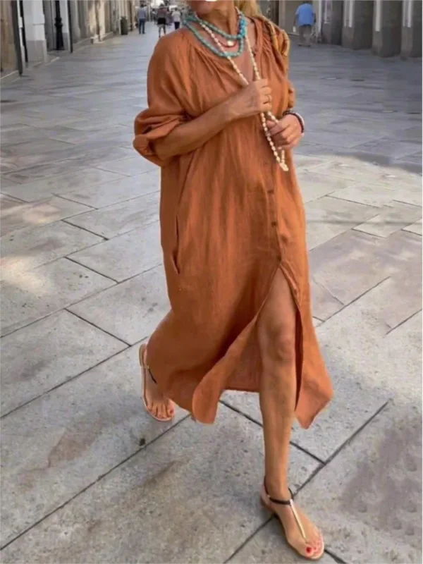 Spring Cotton Linen V-Neck White Shirt Dress Elegant Loose Long Sleeve Outfit - Image 5
