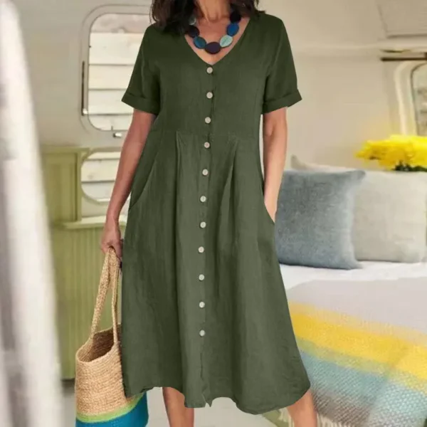 Women’s V Neck Cotton Linen Button Short Sleeve Summer Dress - Image 4
