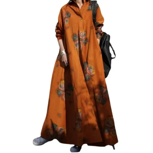 Muslim Women's Vintage Printed Cotton Linen Dress Autumn Fashion - Image 5