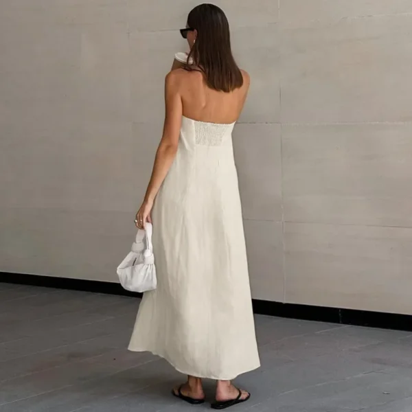 French Khaki Strapless Cotton Linen Dress Women High Waist Holiday - Image 4