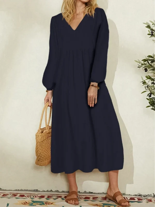 Elegant Cotton Linen Maxi Dress For Women Loose Long Sleeve Tunic