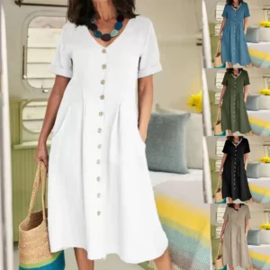 Women’s V Neck Cotton Linen Button Short Sleeve Summer Dress