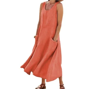 Women Cotton Linen Sundress Summer Sleeveless Loose Pocket Long Dress