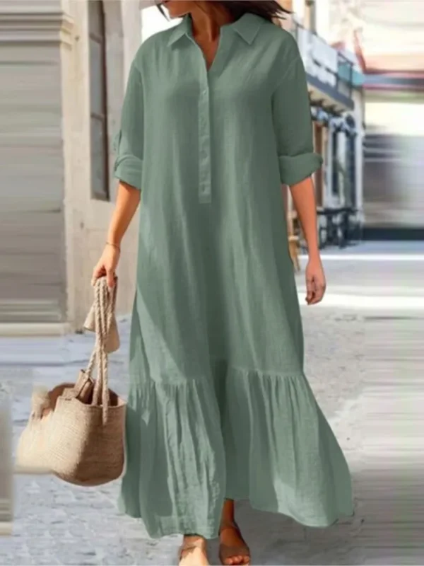 Cotton Linen Long Sleeve Dress Women Casual Loose Ruffle Shirt Style - Image 3