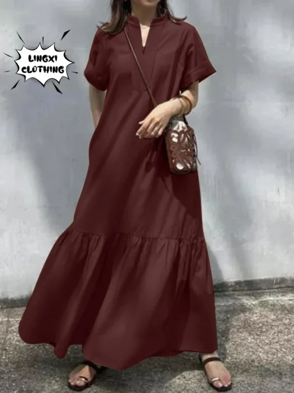 Elegant Cotton Linen V-Neck Fishtail A-Line Long Summer Dress Fashion Wear - Image 3