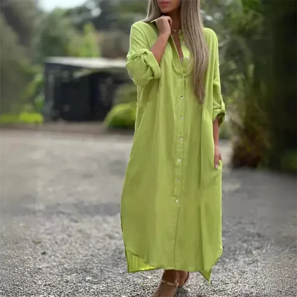 Cotton Linen Cardigan Dress Women Lapel Long Sleeve Pockets - Image 6