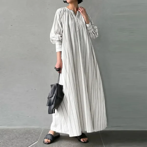 Plus Size Cotton Linen Striped Maxi Dress Women Casual Autumn Wear - Image 4