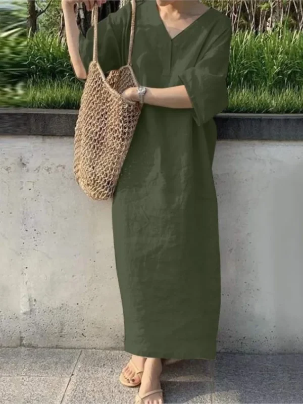Women V Neck Cotton Linen Maxi Dress Short Sleeve Casual Beachwear - Image 3