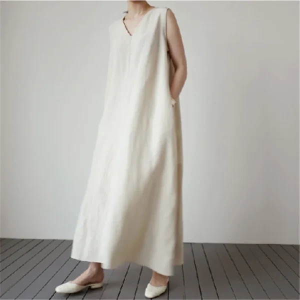 Linen Summer Maxi Dress Casual Loose Minimalist V-Neck Women - Image 2