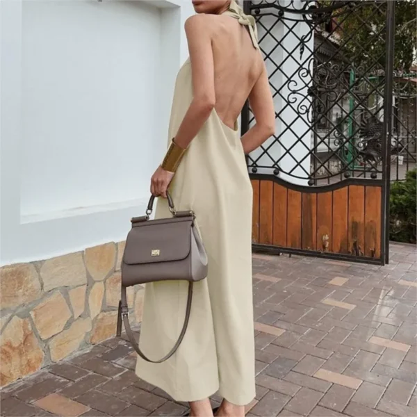 French Cotton Linen Halter Neck Long Skirt Dress For Summer Vacation Wear - Image 4