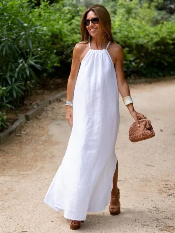 Women Halter Cotton Linen Maxi Dress Sleeveless Summer Party - Image 6
