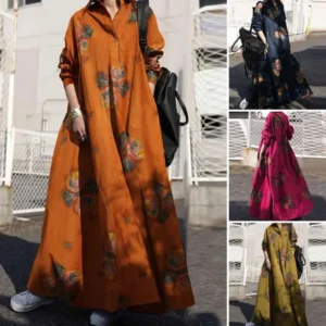 Muslim Women's Vintage Printed Cotton Linen Dress Autumn Fashion