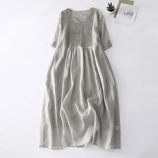 1940s Linen Pleated Long Dress For Women Retro Slim V-Neck Style - Image 2